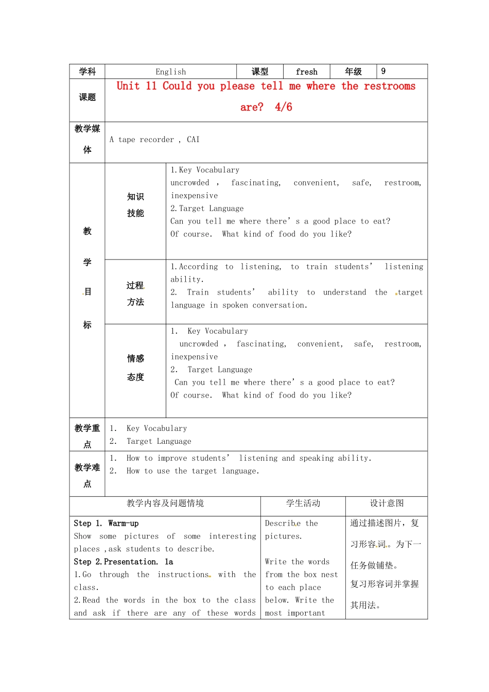陕西省神木县大保当中学九年级英语 unit 11 Could you please tell me where the restrooms are period 4教案 人教新目标版_第1页