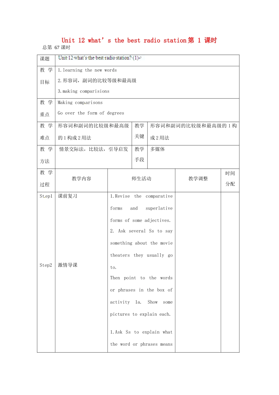 辽宁省凌海市石山初级中学八年级英语上册 Unit 12 what’s the best radio station（第1课时）教案 人教新目标版_第1页