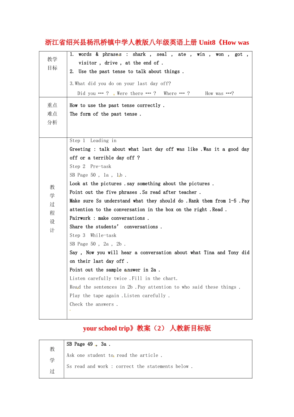 浙江省绍兴县杨汛桥镇中学人教版八年级英语上册 Unit8《How was your school trip》教案（2） 人教新目标版_第1页