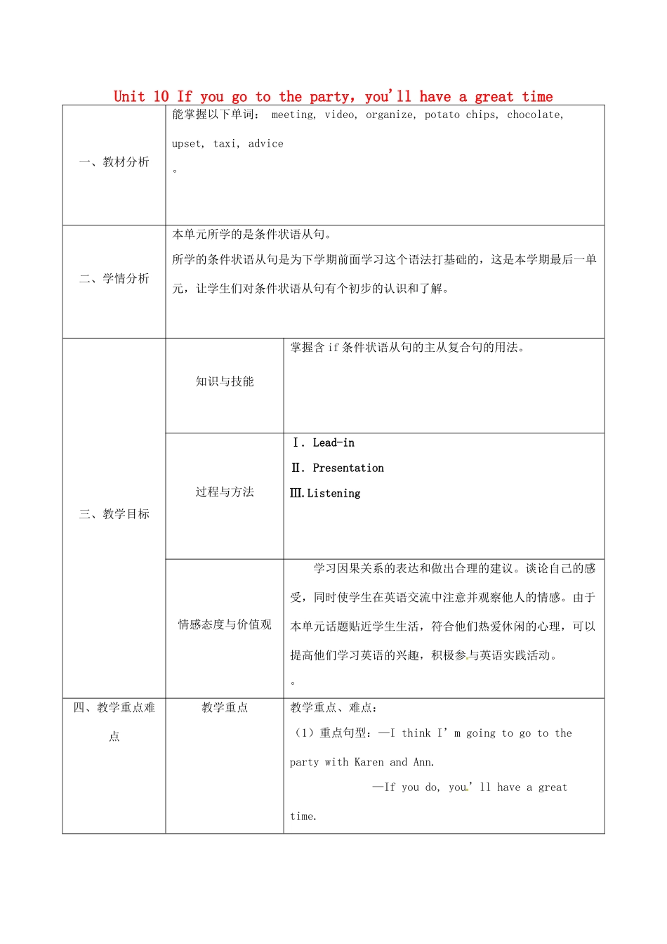 陕西省石泉县八年级英语上册 Unit 10 If you go to the party，you'll have a great time Section A（1a-1c）教案1 （新版）人教新目标版-（新版）人教新目标版初中八年级上册英语教案_第1页