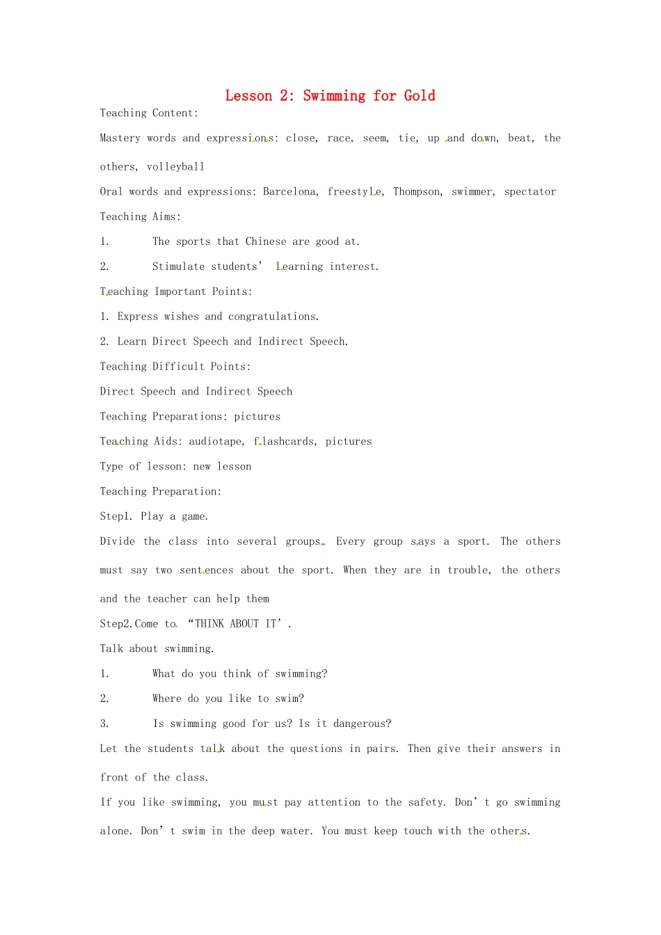 英语：Unit 1 The Olympics Lesson 2英文教案（冀教版九年级上）_第1页
