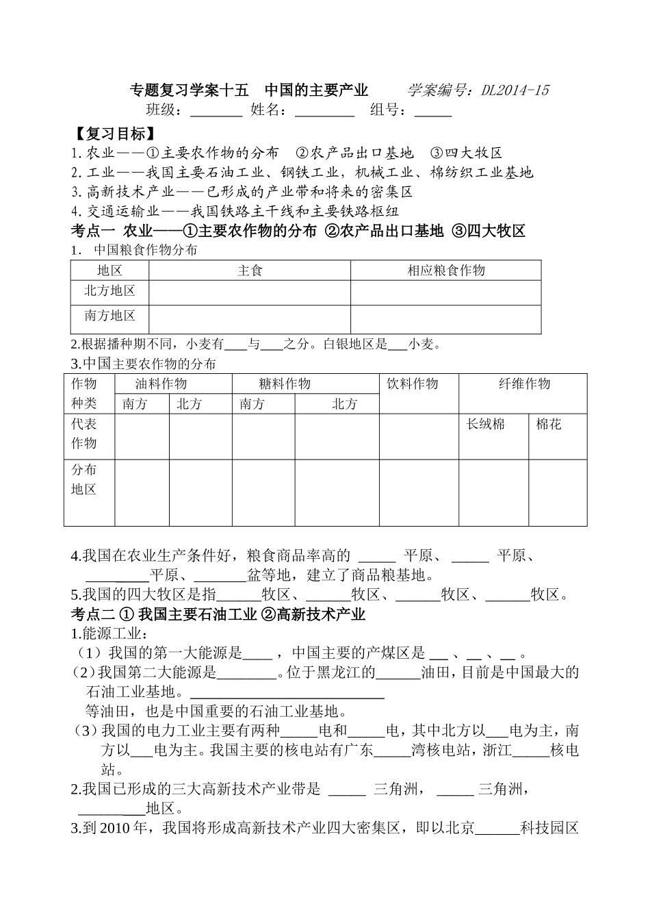 专题复习学案15中国的主要产业_第1页