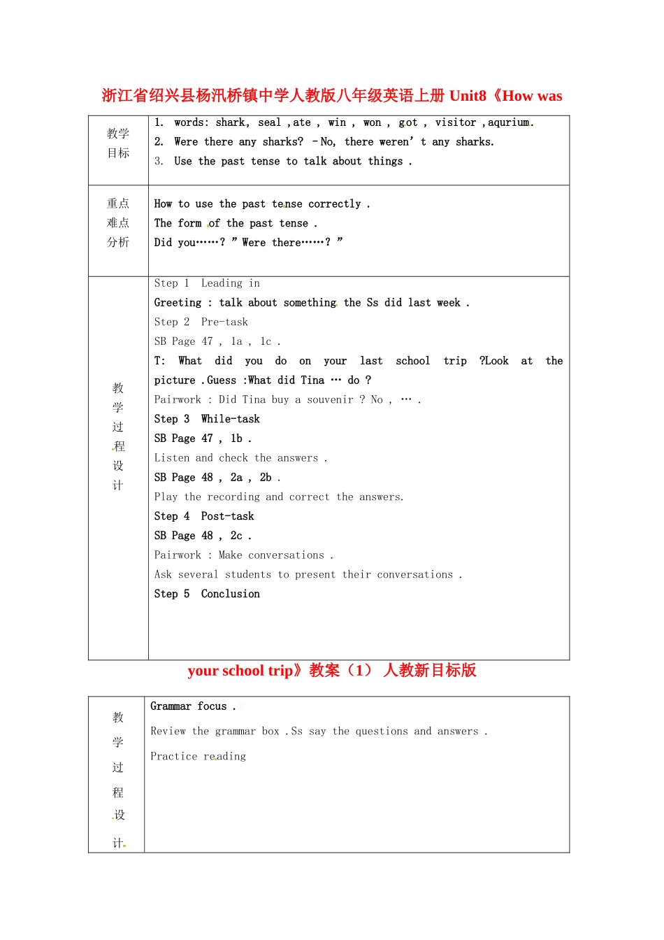 浙江省绍兴县杨汛桥镇中学人教版八年级英语上册 Unit8《How was your school trip》教案（1） 人教新目标版_第1页