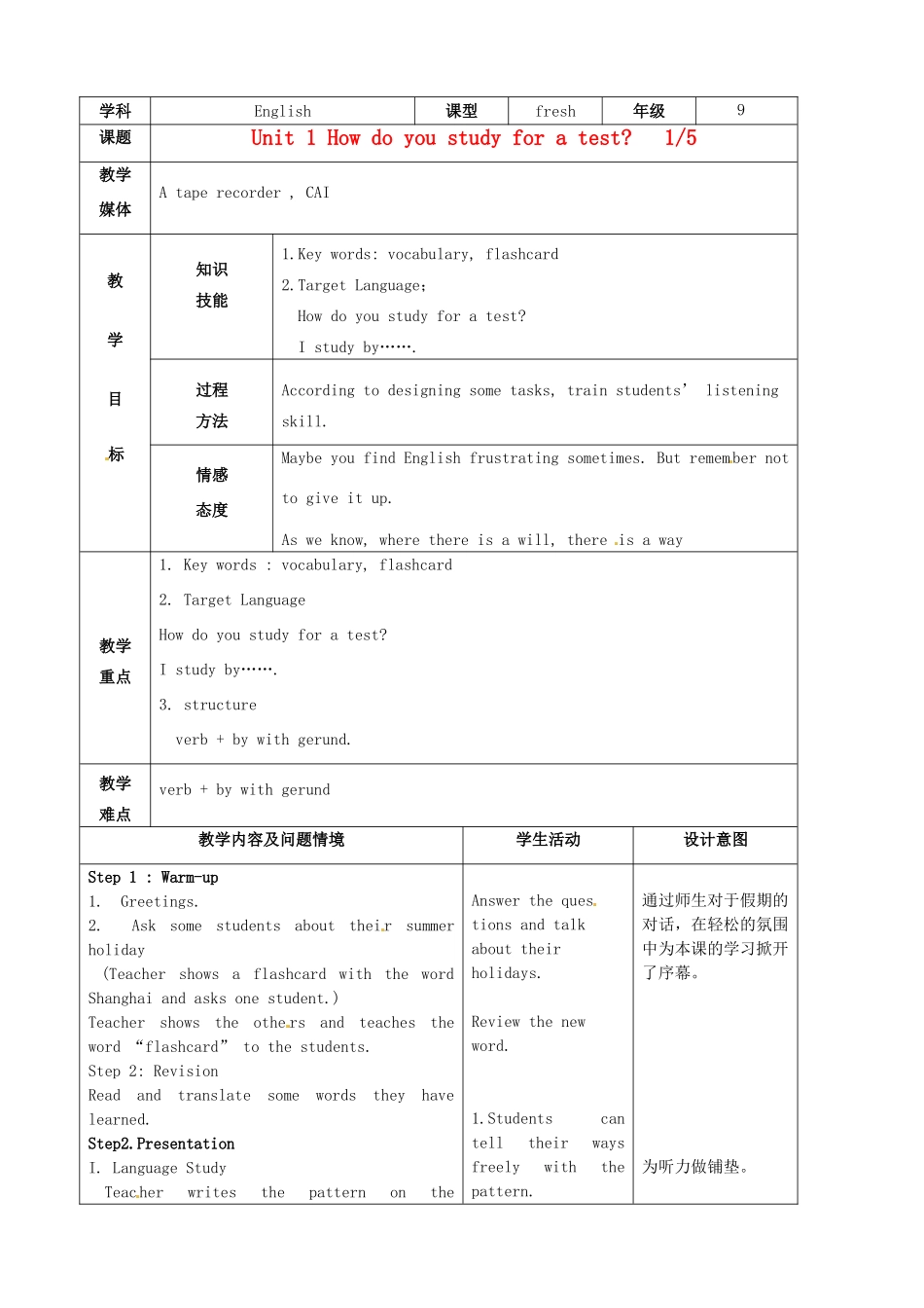 陕西省神木县大保当中学九年级英语 Unit 1 How do you study for a test Period 1教案 人教新目标版_第1页