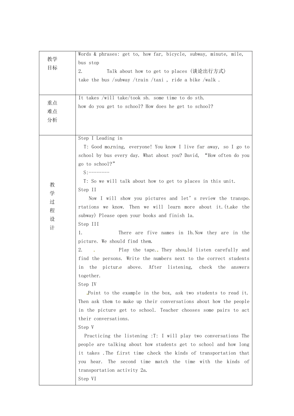 浙江省绍兴县杨汛桥镇中学人教版八年级英语上册 Unit4《How do you get to school》教案（2） 人教新目标版 _第2页