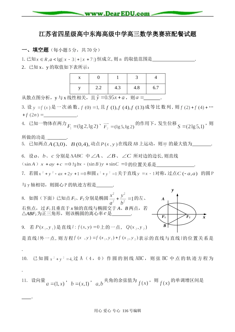 江苏省四星级高中东海高级中学高三数学奥赛班配餐试题_第1页