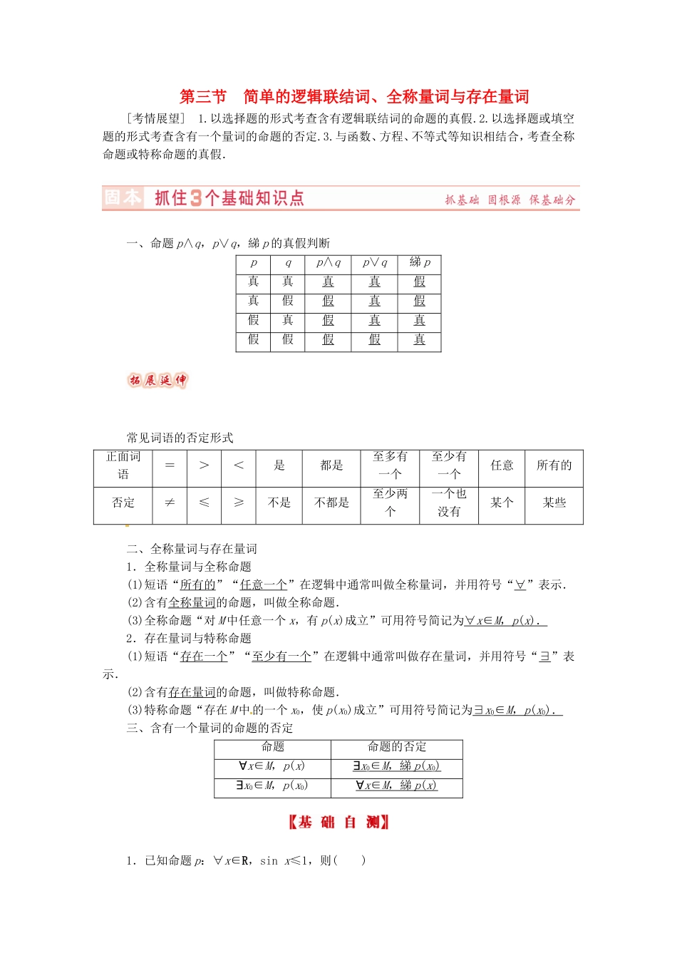 山东省济宁市高考数学专题复习 第3讲 简单的逻辑联结词、全称量词与存在量词练习 新人教A版-新人教A版高三全册数学试题_第1页