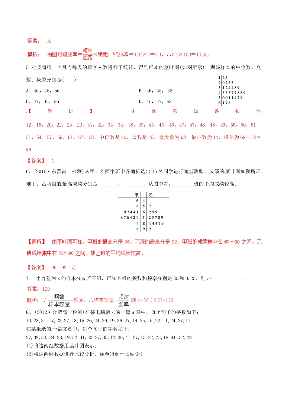 高中数学 专题1.7 用样本的频率分布估计总体分布练习（含解析）新人教A版必修3-新人教A版高一必修3数学试题_第2页