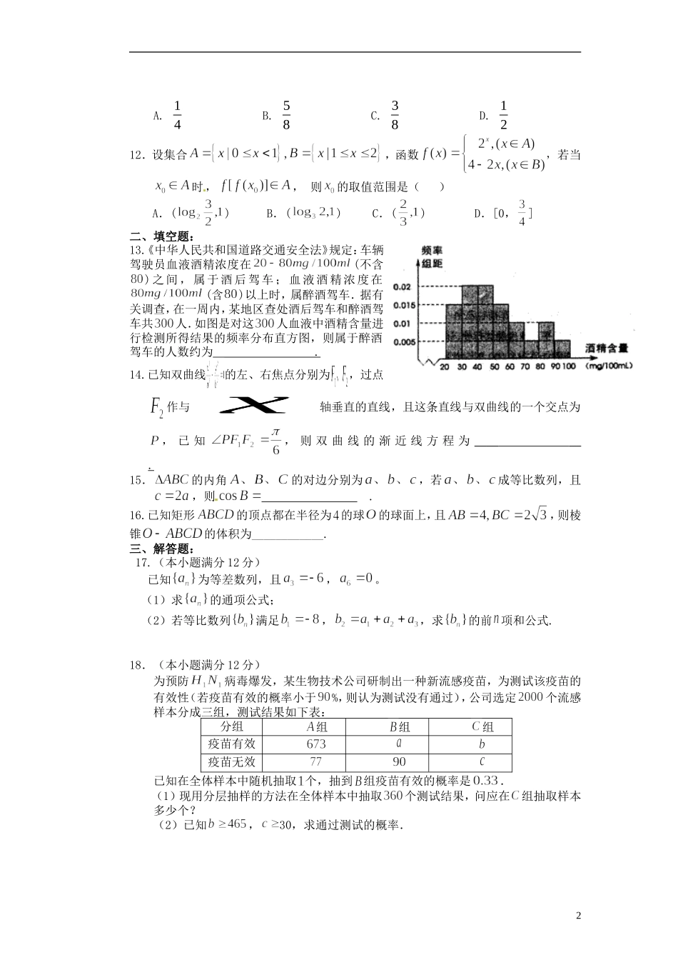 河南省潢川一中高三数学综合训练（一）文 新人教A版_第2页