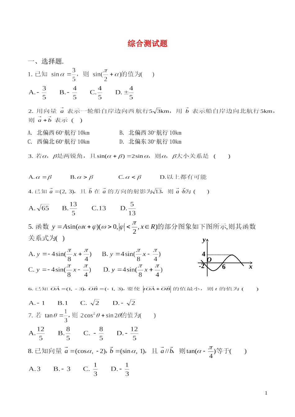 湖南省长沙市一中高中数学 综合测试题 新人教A版必修4_第1页