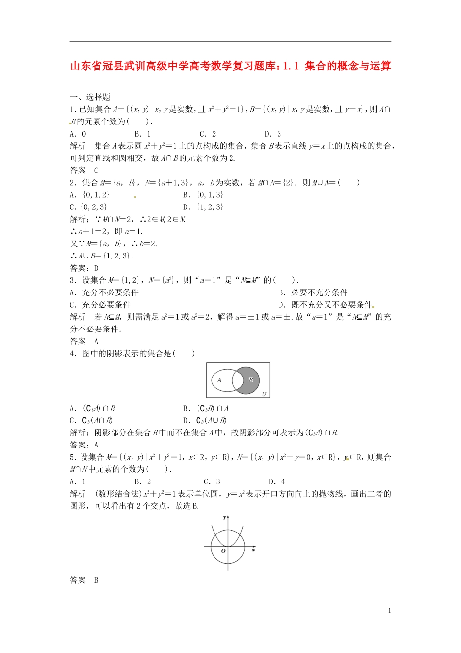 山东省冠县武训高级中学高考数学 1.1 集合的概念与运算复习题库_第1页
