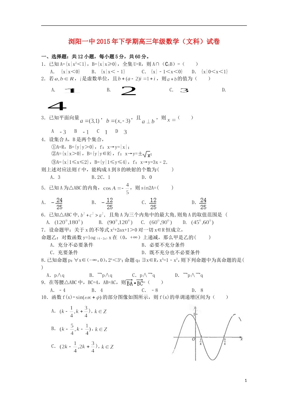 湖南省浏阳一中高三数学上学期第一次月考试题 文-人教版高三全册数学试题_第1页
