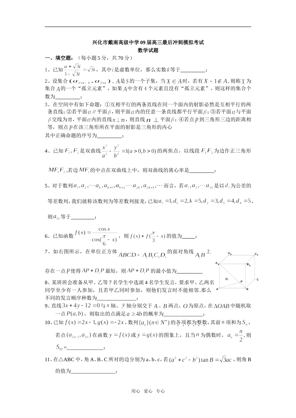 兴化市戴南高级中学09届高三最后冲刺模拟考试_第1页