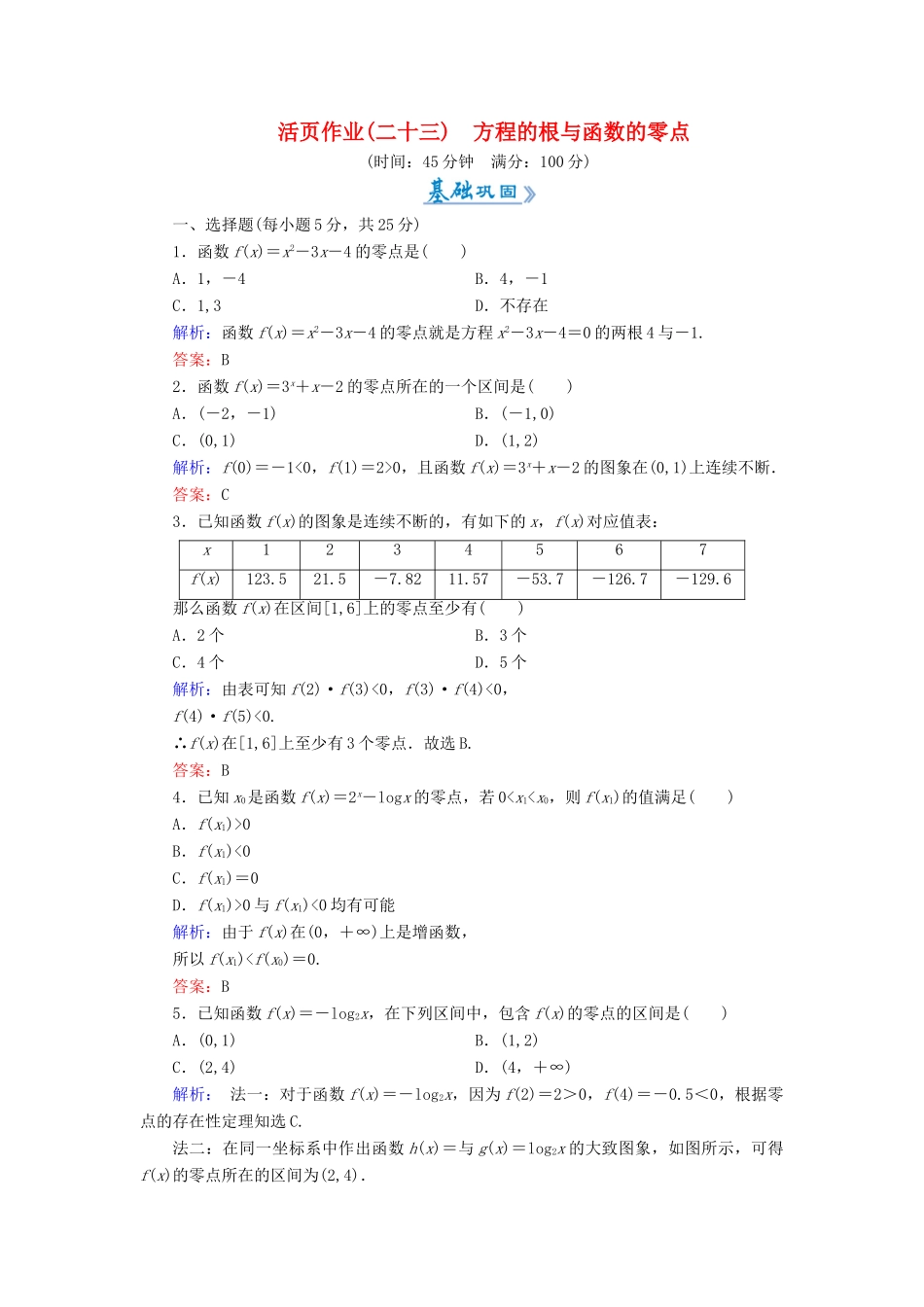 高中数学 活页作业23 方程的根与函数的零点 新人教A版必修1-新人教A版高一必修1数学试题_第1页