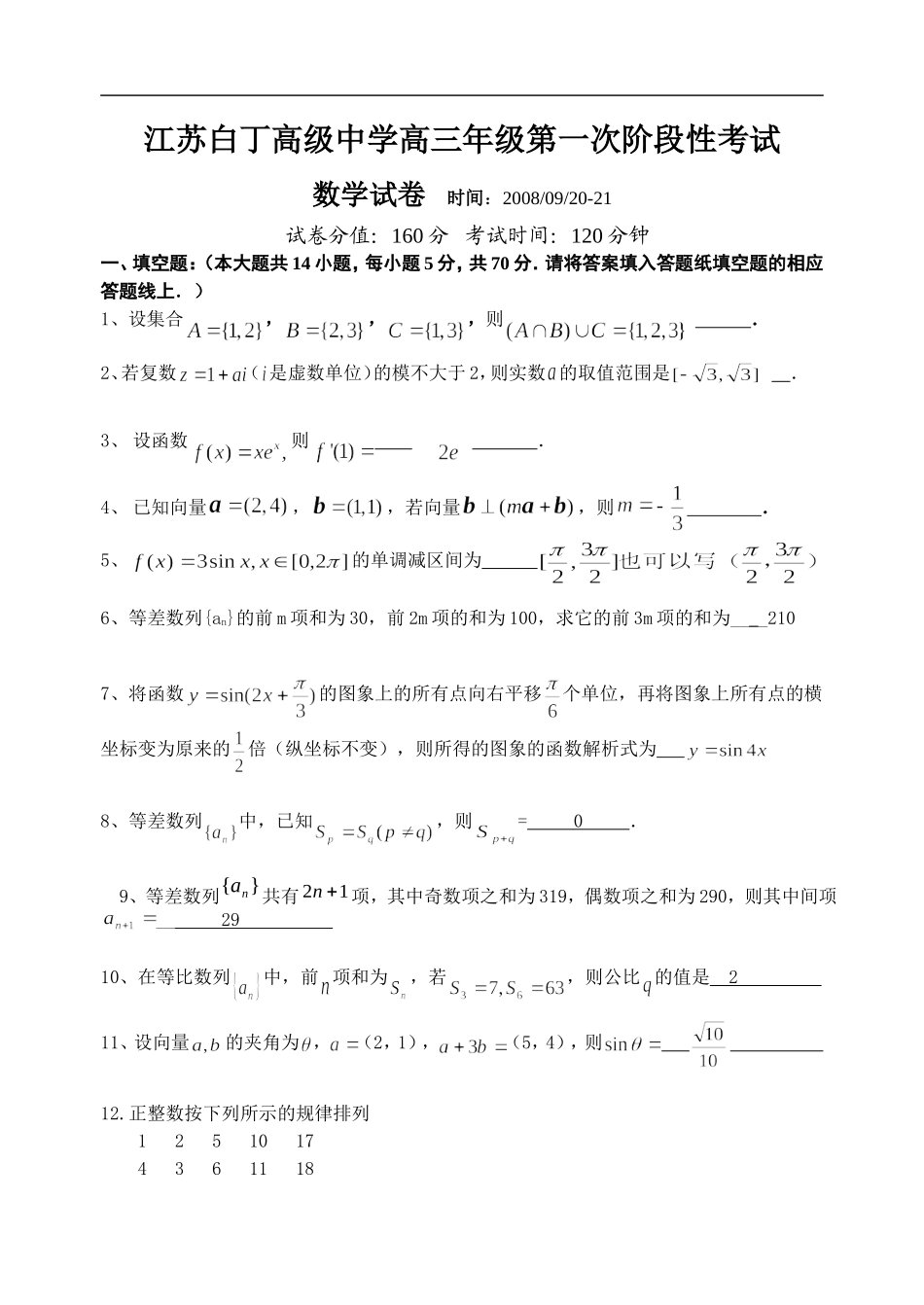 江苏白丁高级中学高三数学第一次月考试卷（附答案）_第1页