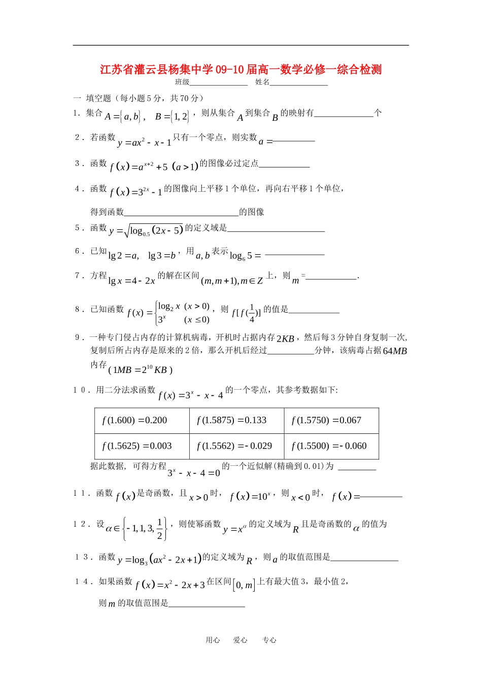 江苏省灌云县杨集中学09-10届高一数学综合检测苏教版必修一_第1页