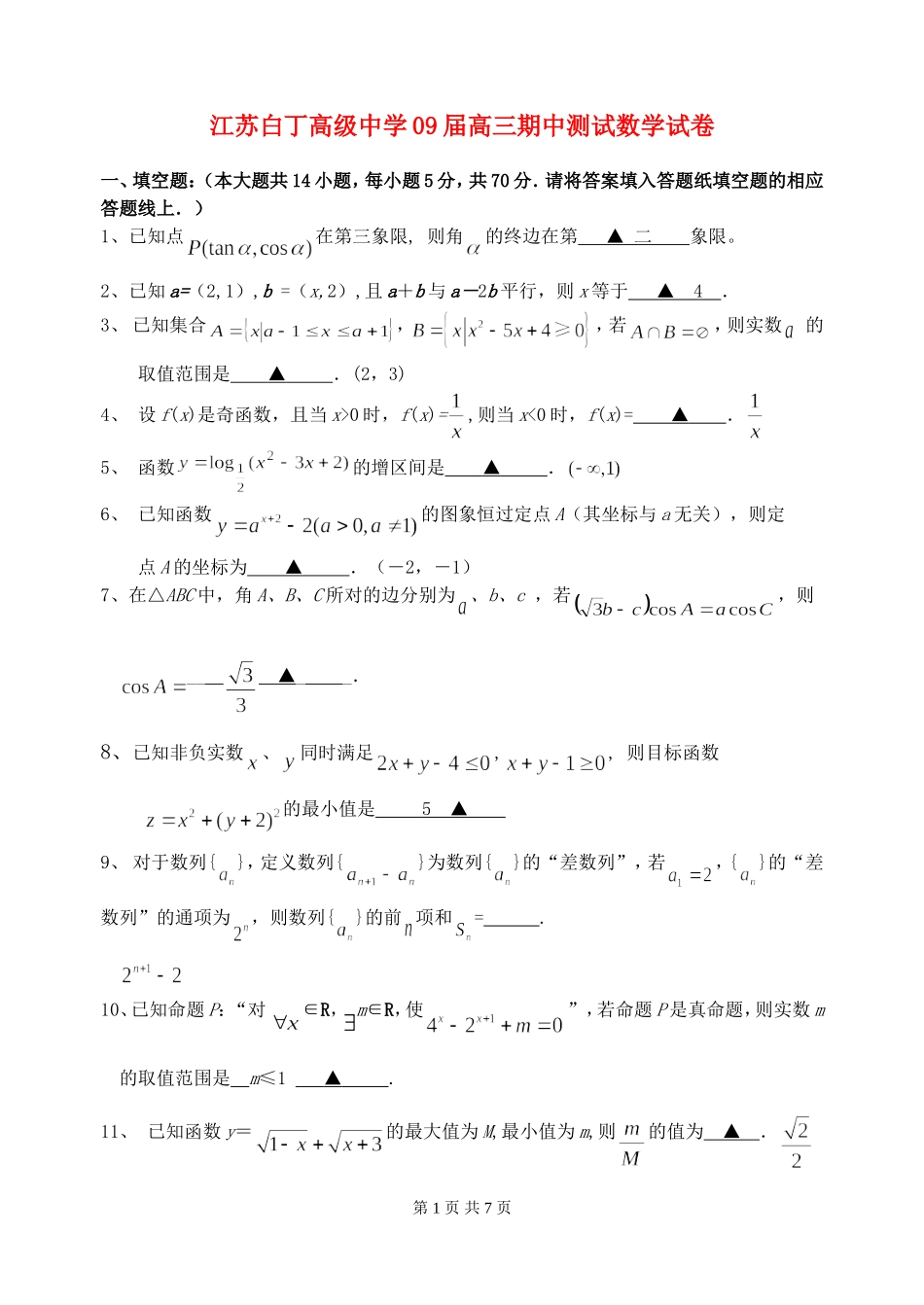 江苏白丁高级中学09届高三数学期中测试试卷 苏教版_第1页