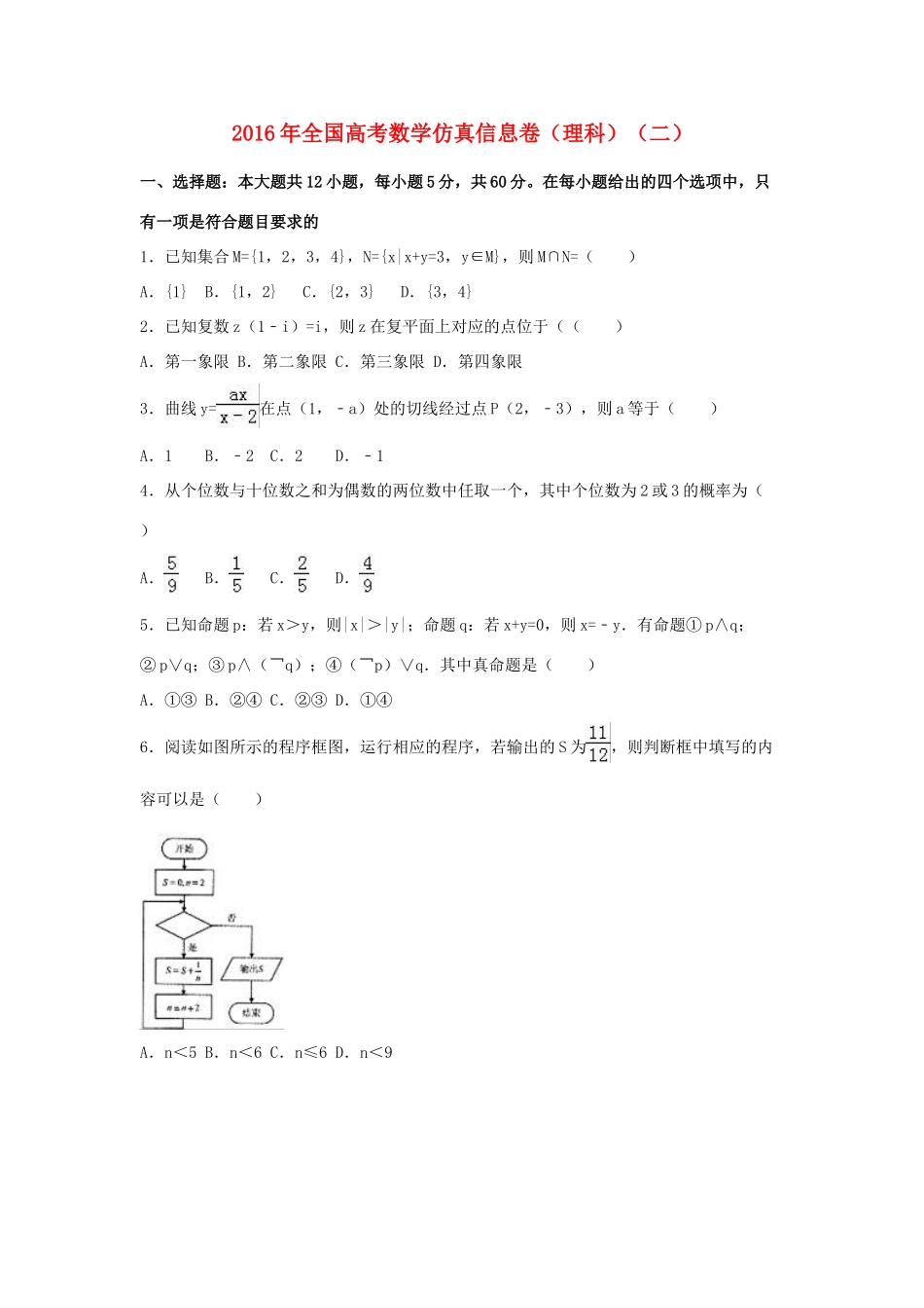 全国高考数学仿真信息卷（二）理（含解析）-人教版高三全册数学试题_第1页