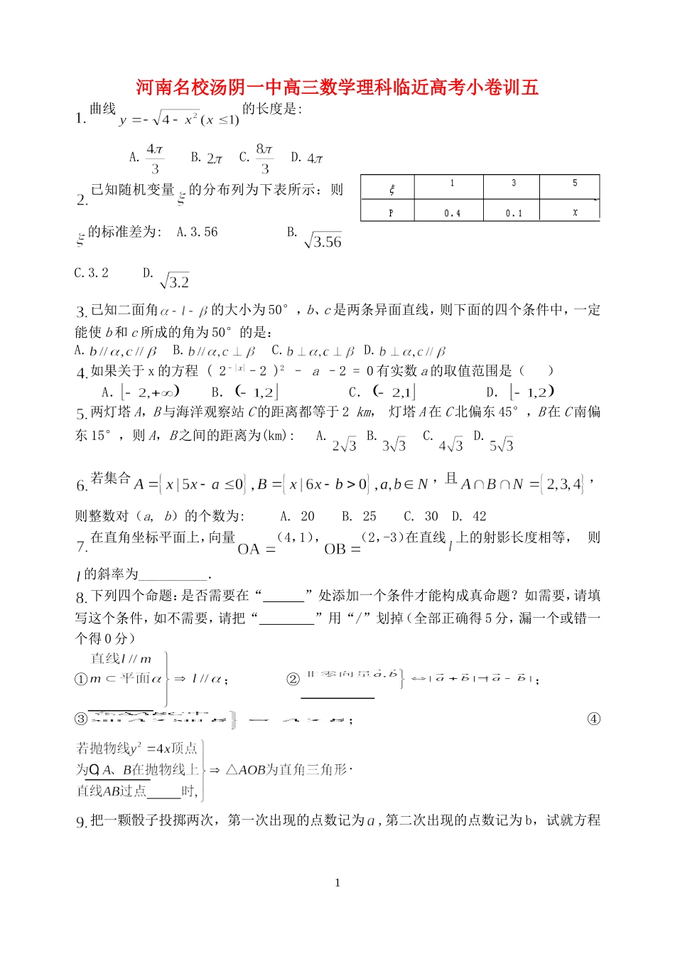 河南名校汤阴一中高三数学理科临近高考小卷训五 人教版_第1页