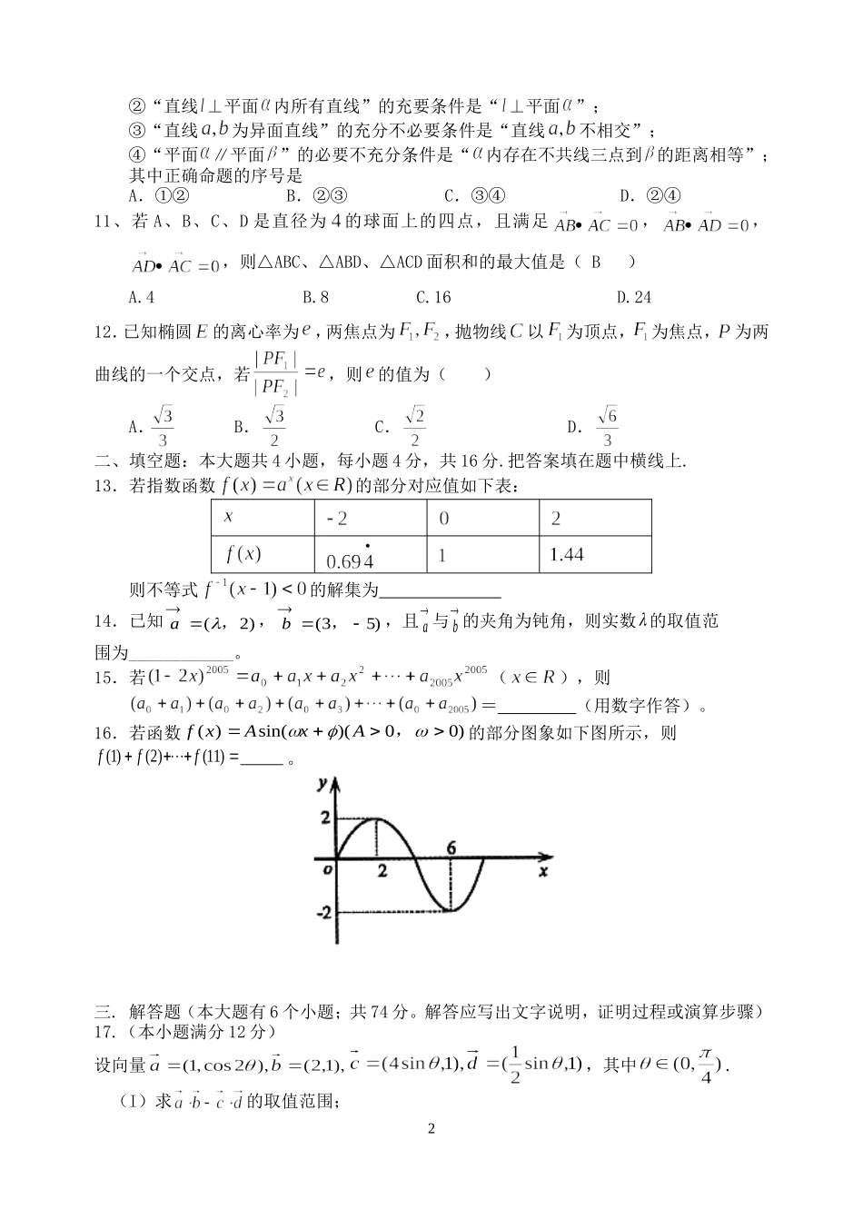 河南省汤阴一中高三数学第二次适应性考试卷理科 新课标 人教版_第2页