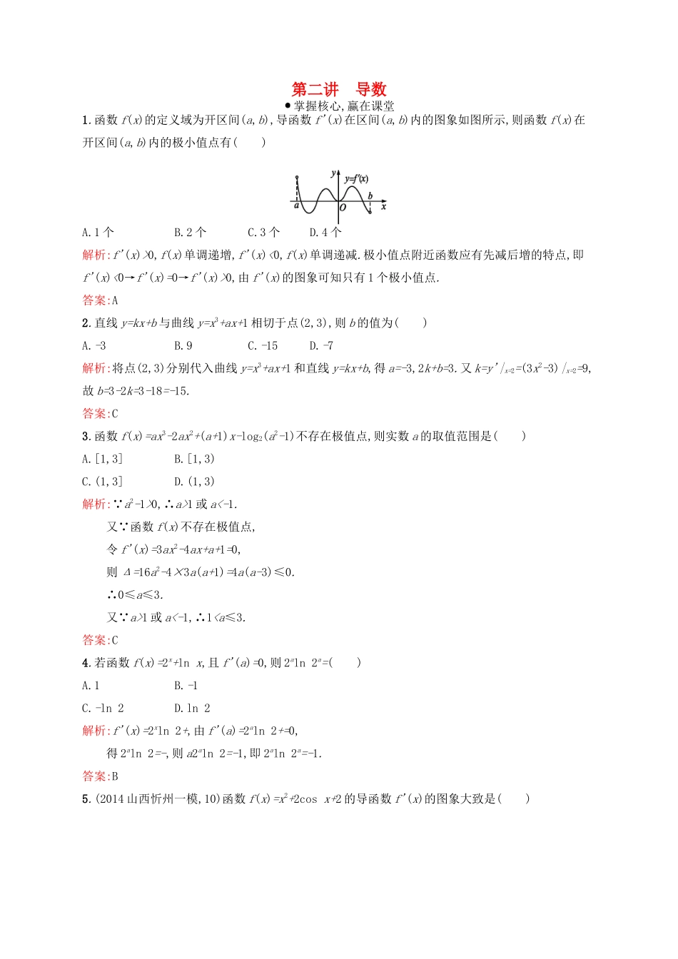 赢在高考高考数学二轮复习 专题二 函数与导数 2.2 导数素能演练提升 文-人教版高三全册数学试题_第1页