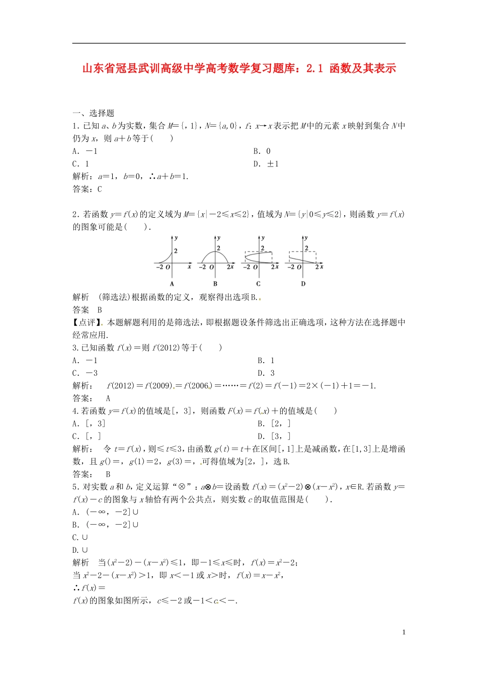 山东省冠县武训高级中学高考数学 2.1 函数及其表示复习题库_第1页
