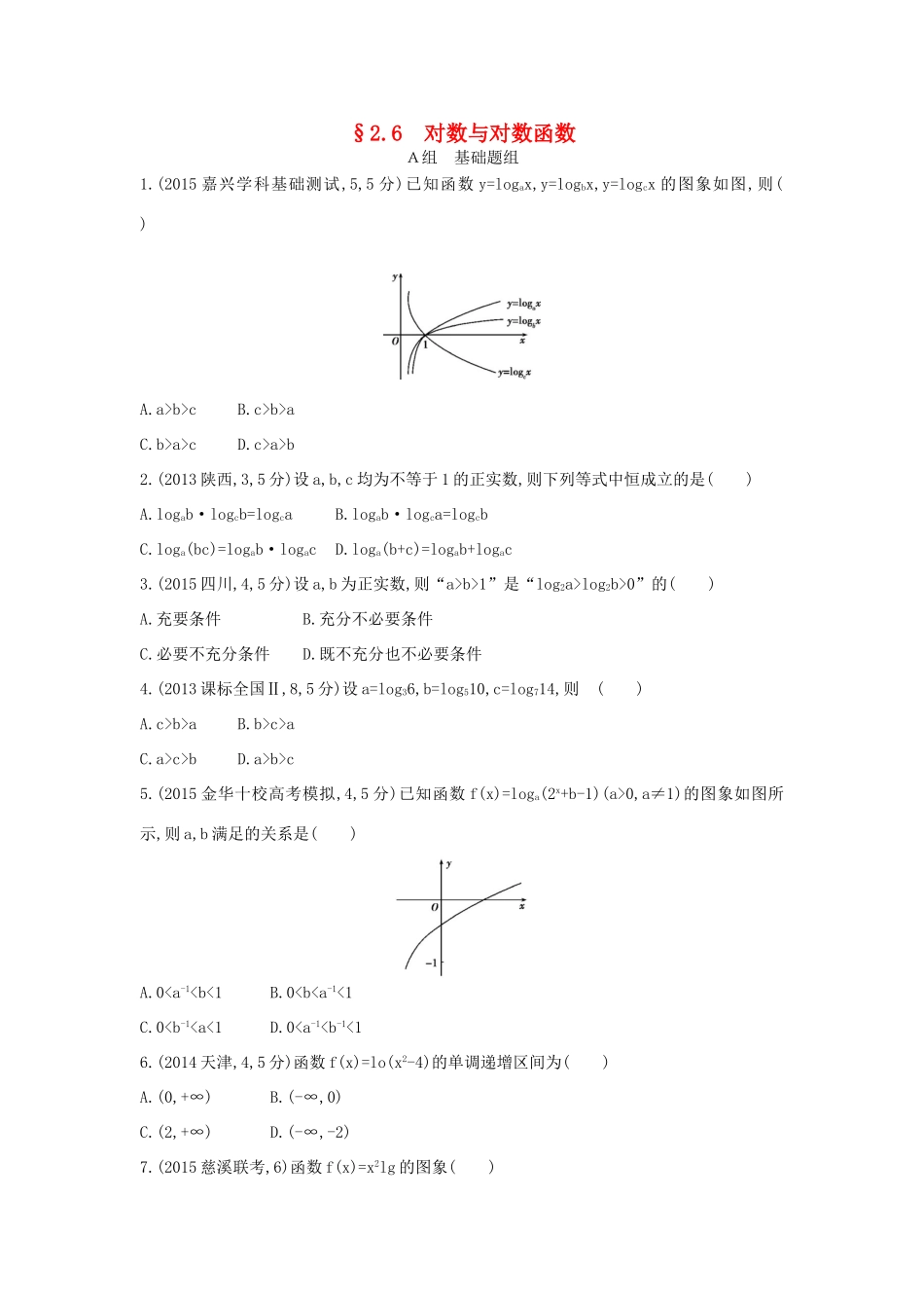 三年高考两年模拟（浙江版）高考数学一轮复习 第二章 函数 2.6 对数与对数函数知能训练-浙江版高三全册数学试题_第1页