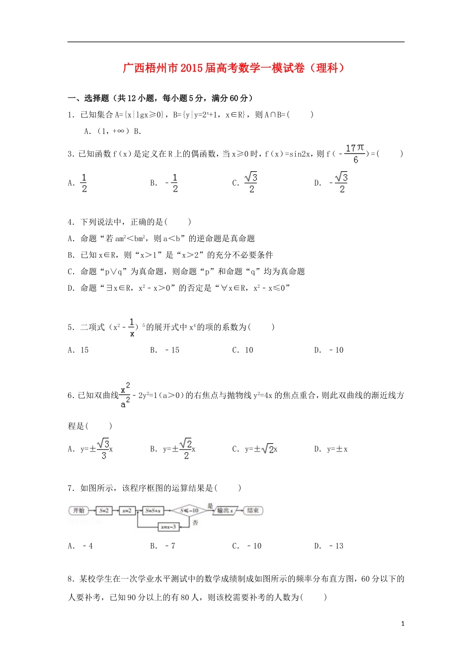 广西梧州市高三数学上学期一模考试试卷 理（含解析）-人教版高三全册数学试题_第1页