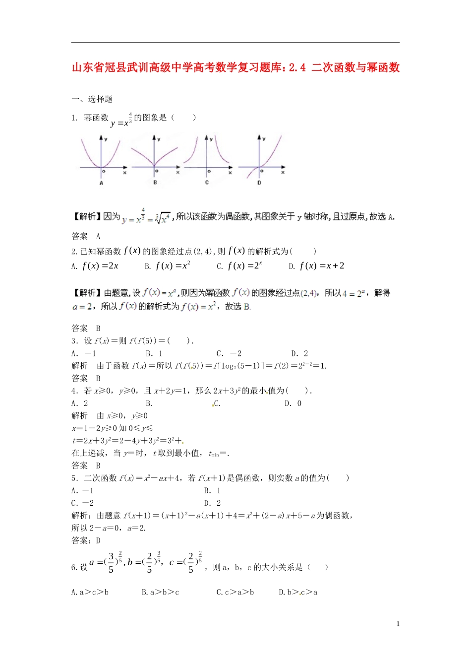 山东省冠县武训高级中学高考数学 2.4 二次函数与幂函数复习题库_第1页