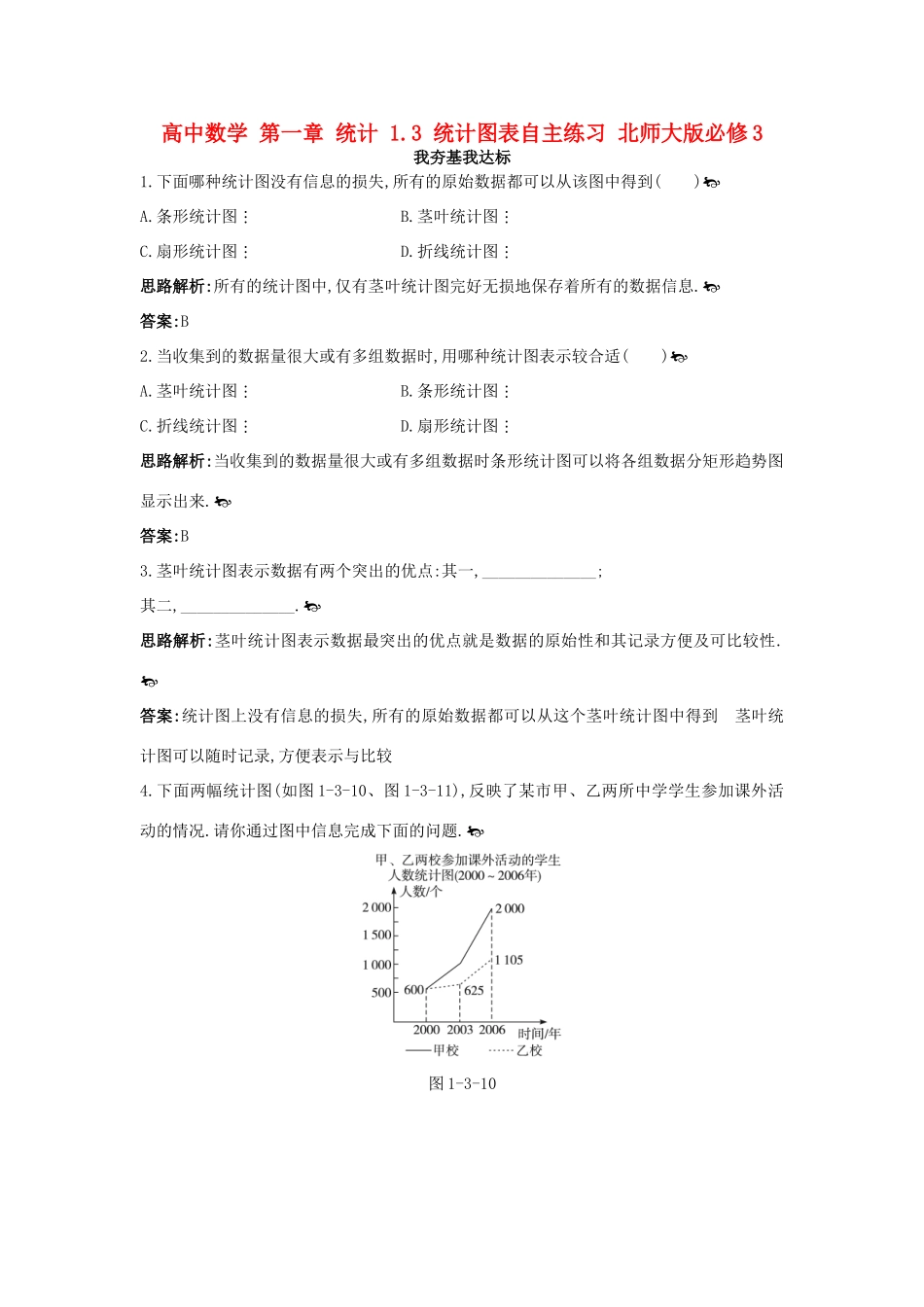 高中数学 第一章 统计 1.3 统计图表自主练习 北师大版必修3-北师大版高一必修3数学试题_第1页
