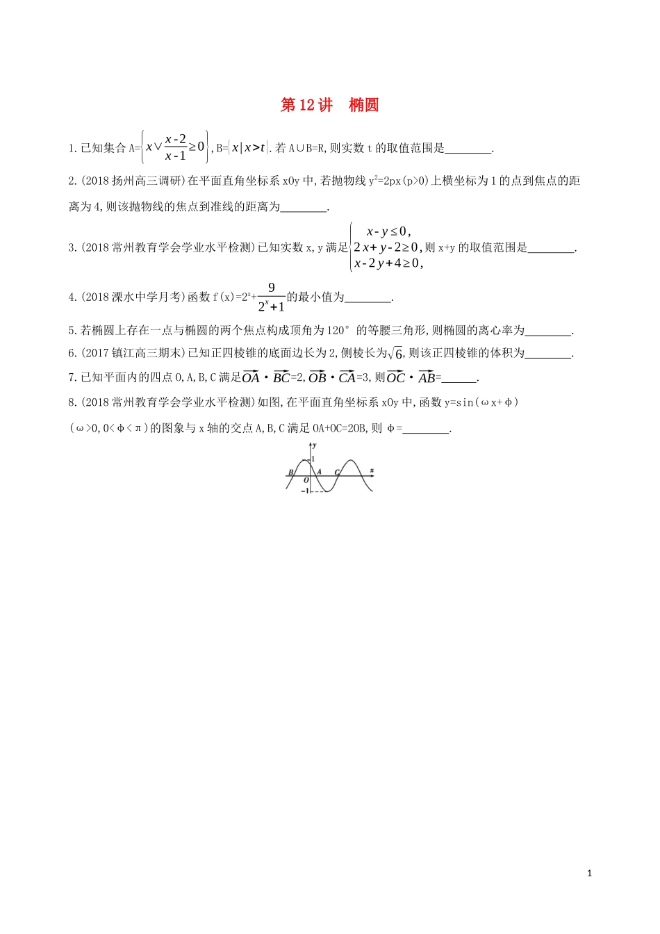 江苏省高考数学二轮复习 第12讲 椭圆滚动小练-人教版高三全册数学试题_第1页