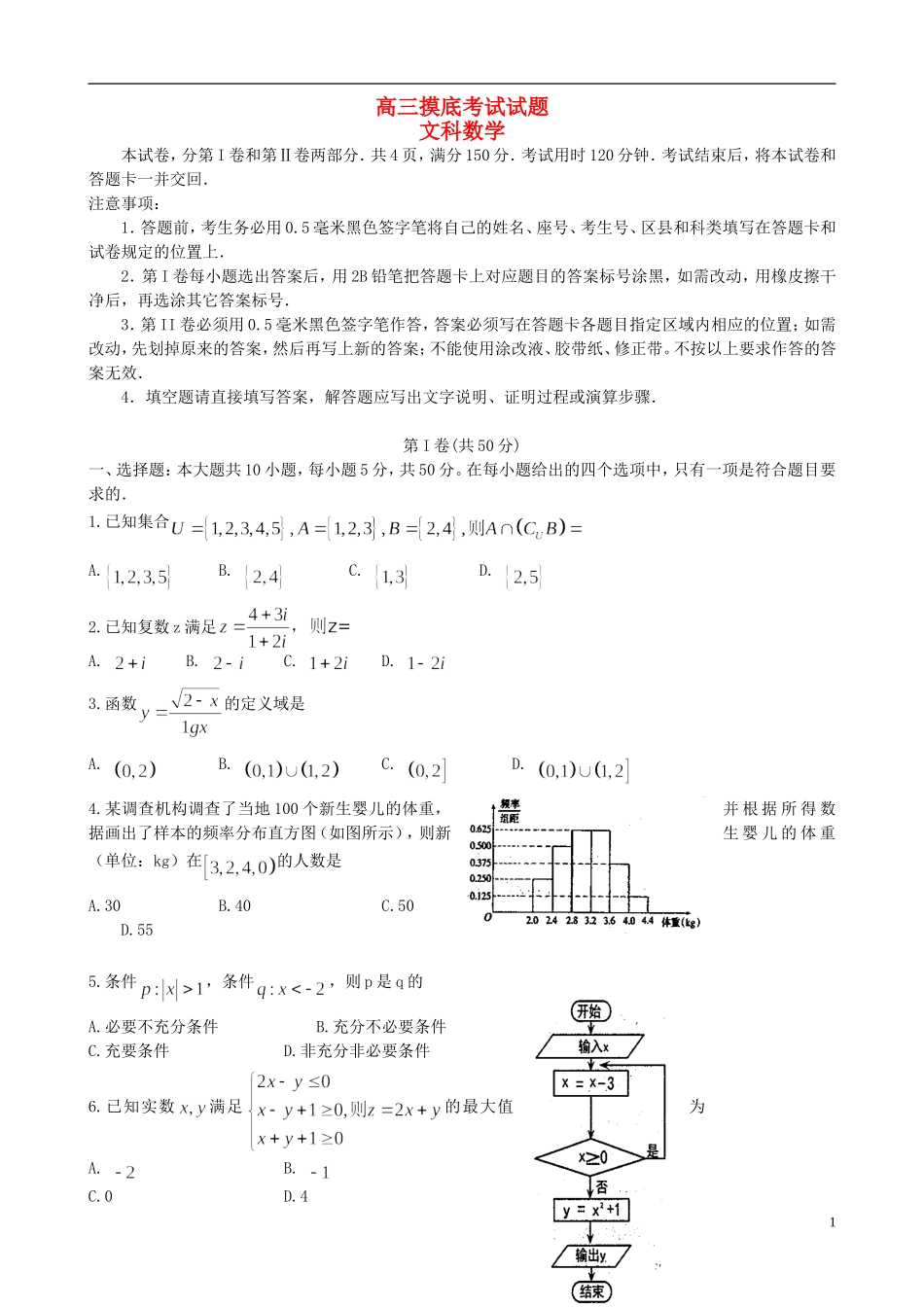 山东省淄博市高三数学12月摸底考试试题 文-人教版高三全册数学试题_第1页