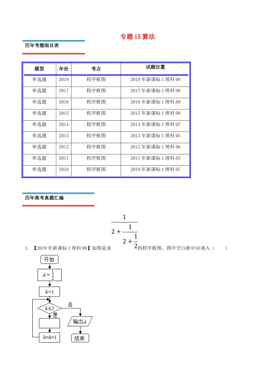 十年真题（-）高考数学真题分类汇编 专题15 算法 理（含解析）-人教版高三全册数学试题_第1页