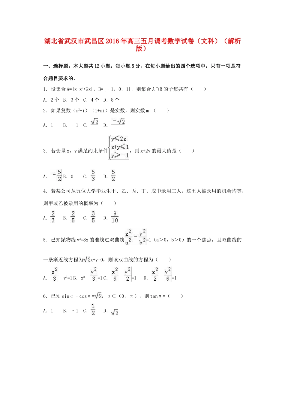 湖北省武汉市武昌区高三数学五月调考试卷 文（含解析）-人教版高三全册数学试题_第1页