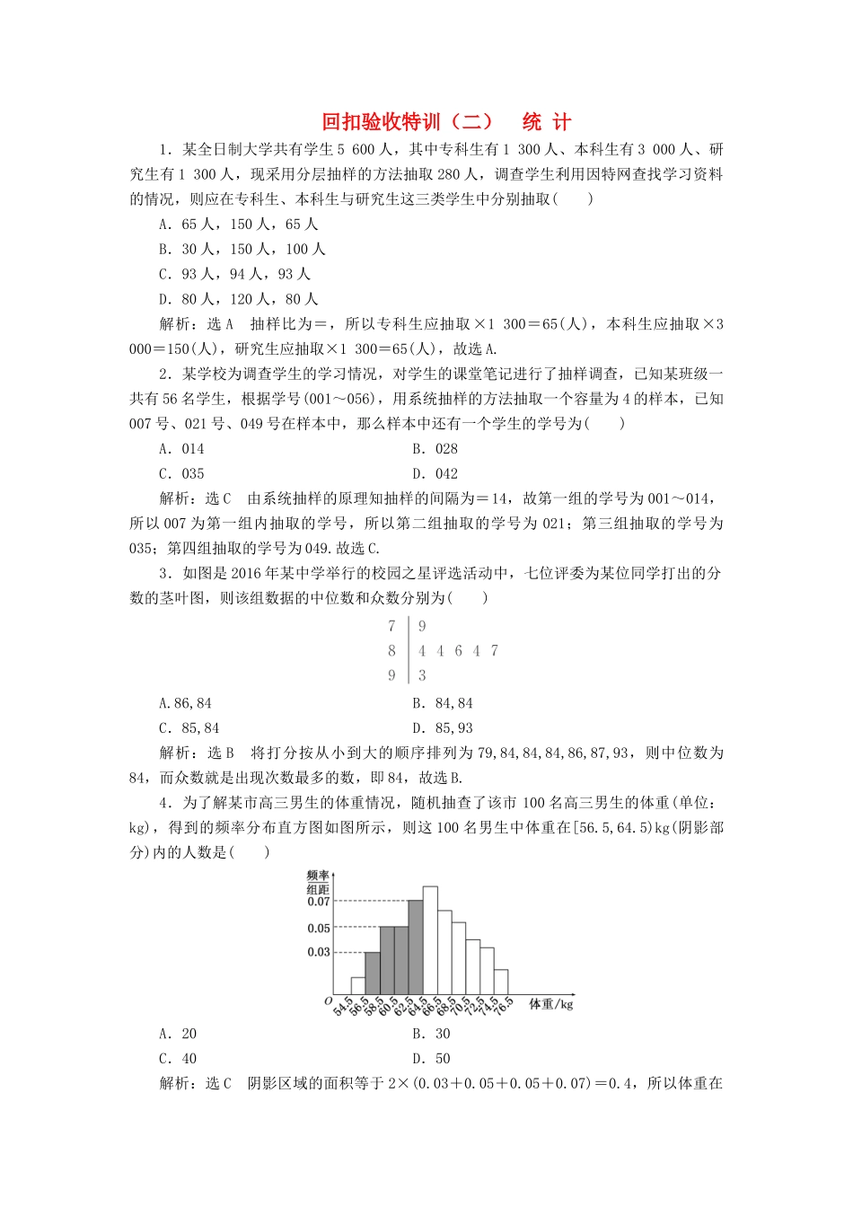 高中数学 回扣验收特训（二）统计 新人教B版必修3-新人教B版高一必修3数学试题_第1页