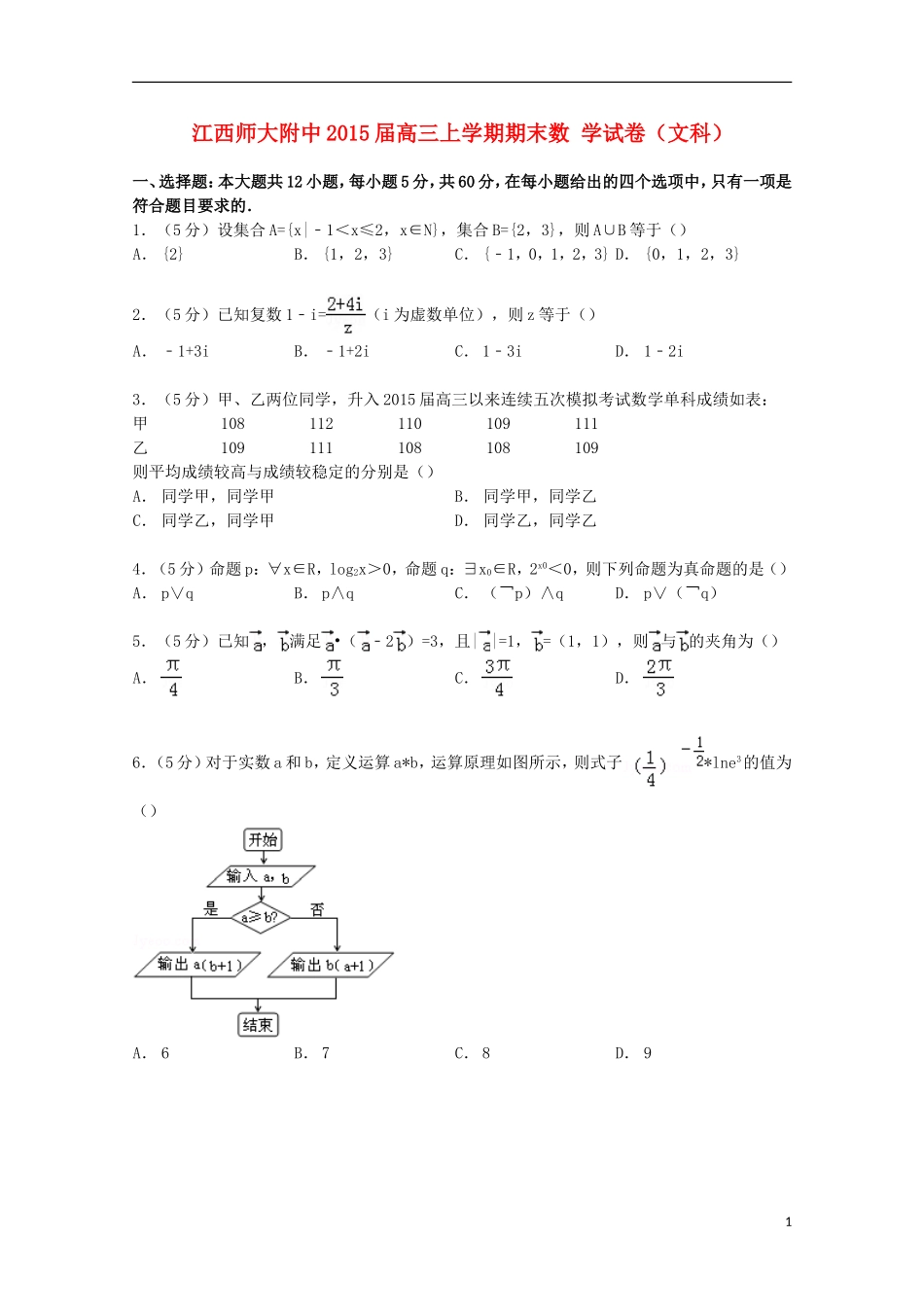 江西省师大附中高三数学上学期期末试卷 文（含解析）-人教版高三全册数学试题_第1页