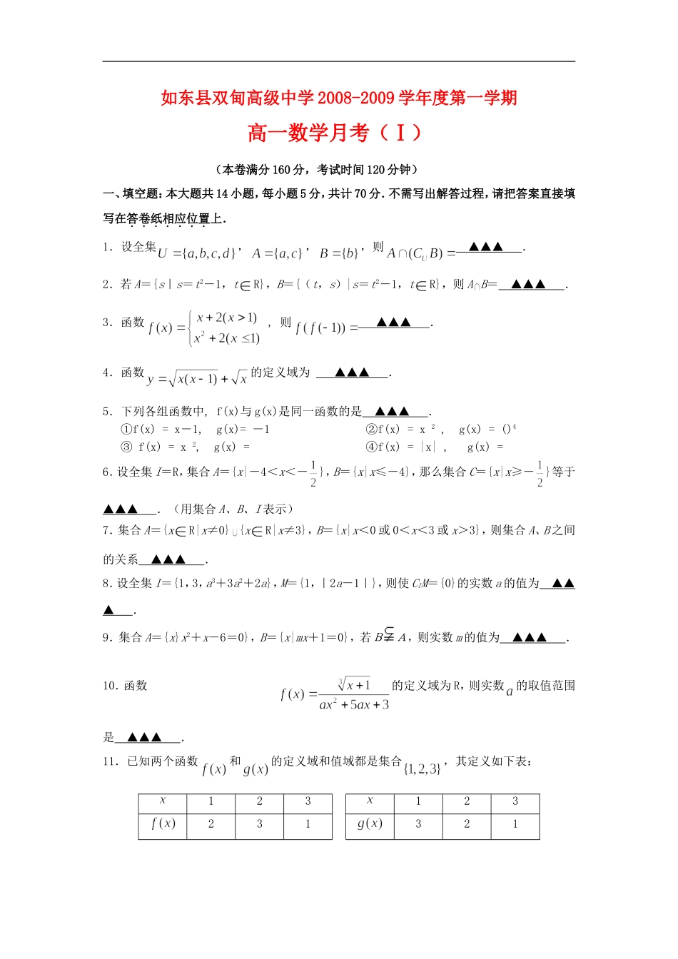 江苏省如东县双甸中学高一数学月考1试卷  苏教版_第1页