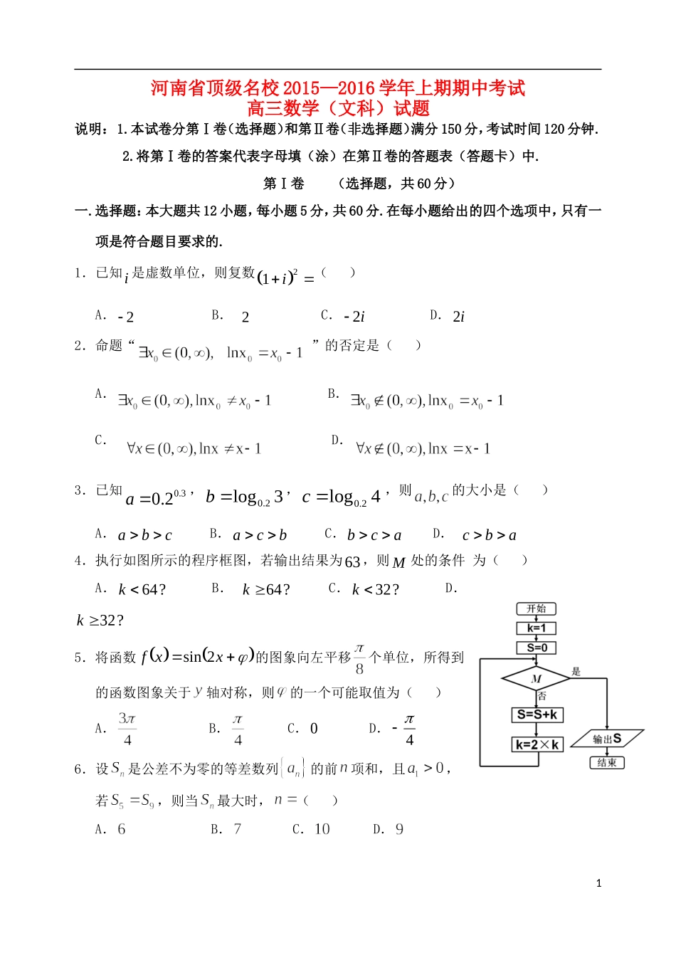 河南省顶级名校高三数学上学期期中试题 文-人教版高三全册数学试题_第1页