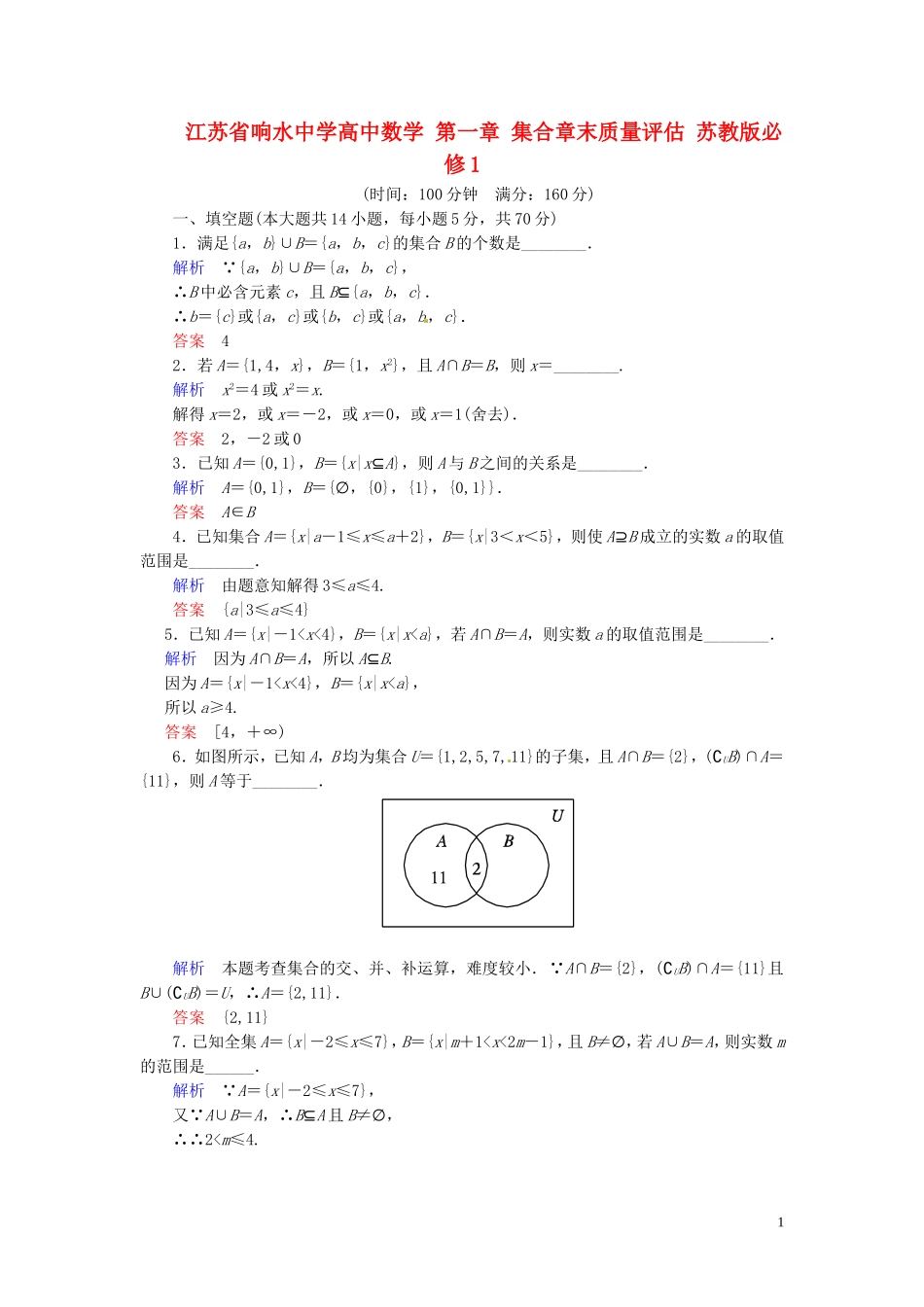 江苏省响水中学高中数学 第一章 集合章末质量评估 苏教版必修1_第1页