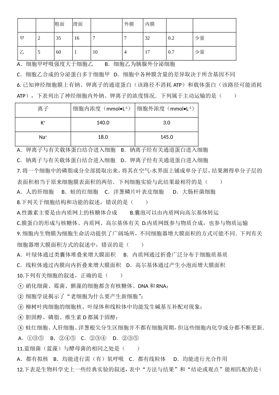 人大附中：高一《生物》第一学期期中考试和答案.doc_第2页