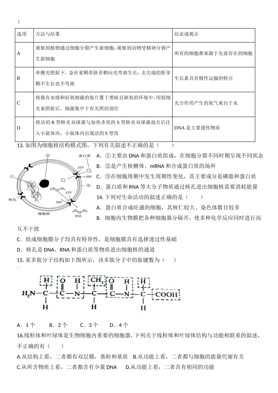 人大附中：高一《生物》第一学期期中考试和答案.doc_第3页