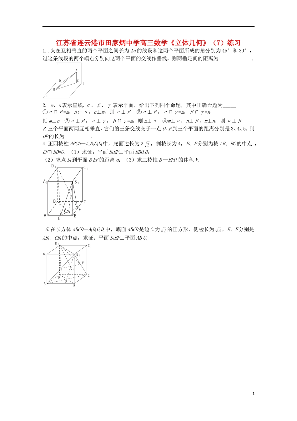江苏省连云港市田家炳中学高三数学《立体几何》（7）练习_第1页