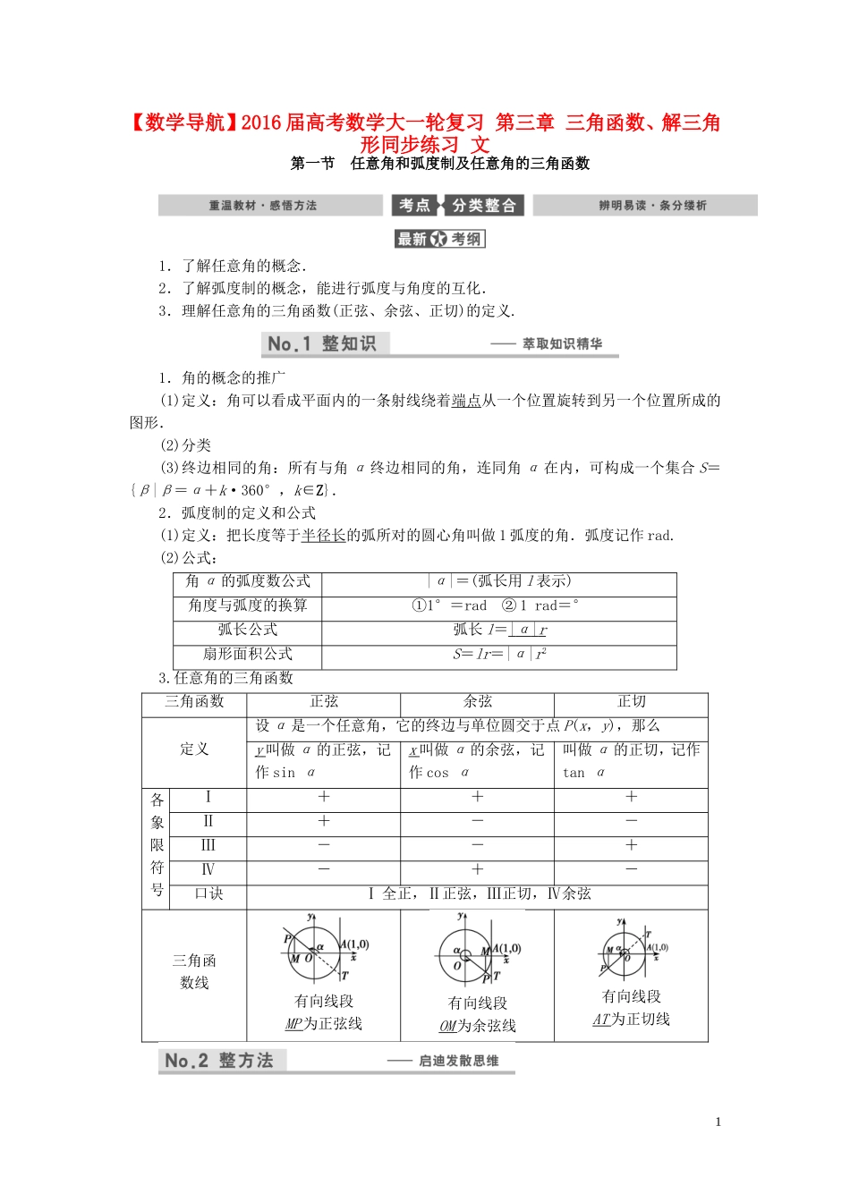 数学导航高考数学大一轮复习 第三章 三角函数、解三角形同步练习 文-人教版高三全册数学试题_第1页