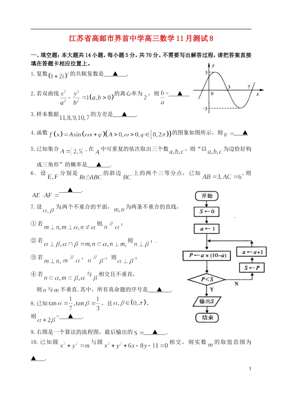 江苏省高邮市界首中学高三数学11月测试8_第1页