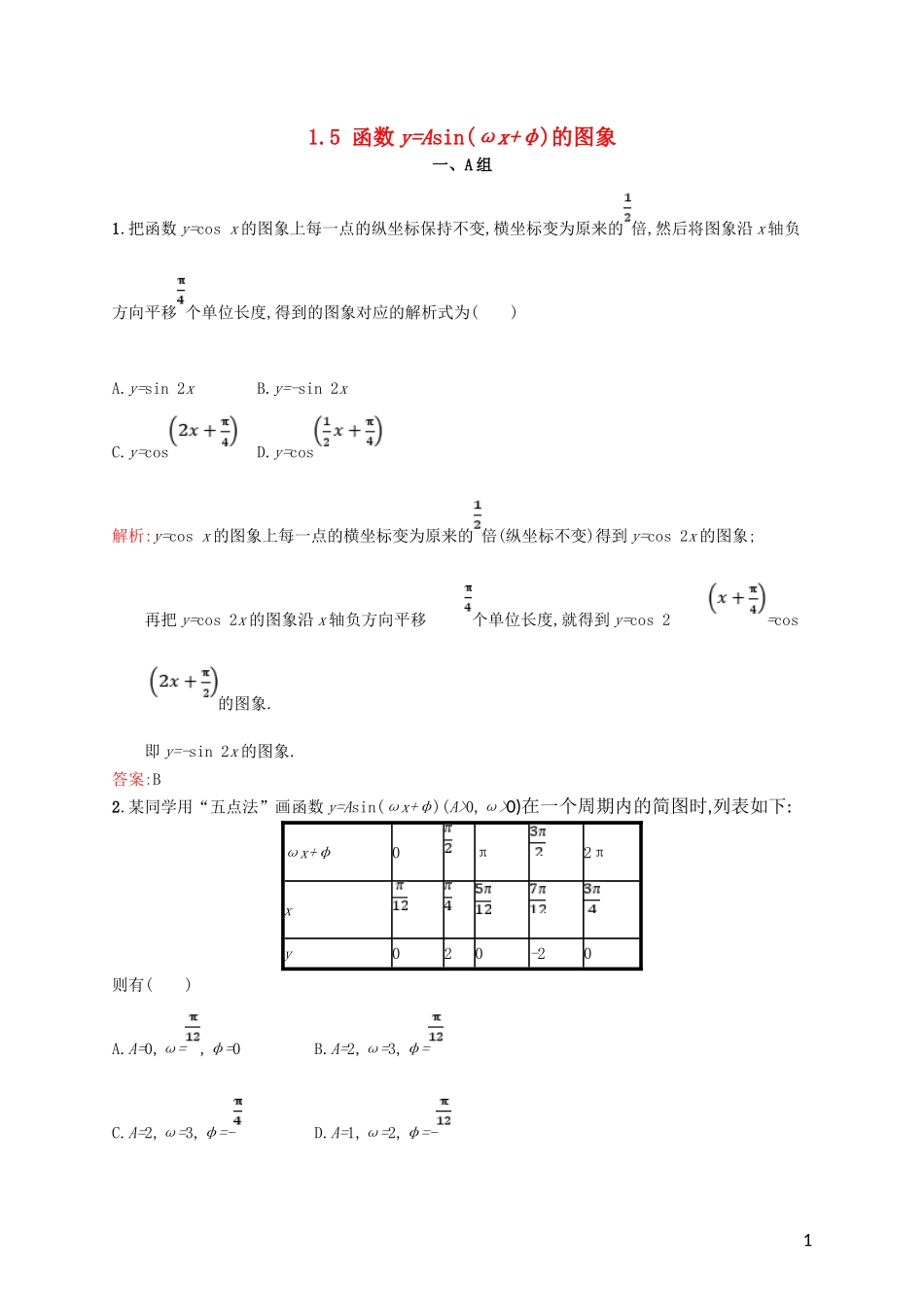 高中数学 第一章 三角函数 1.5 函数yAsin(ωxφ)的图象课后习题 新人教A版必修4-新人教A版高一必修4数学试题_第1页
