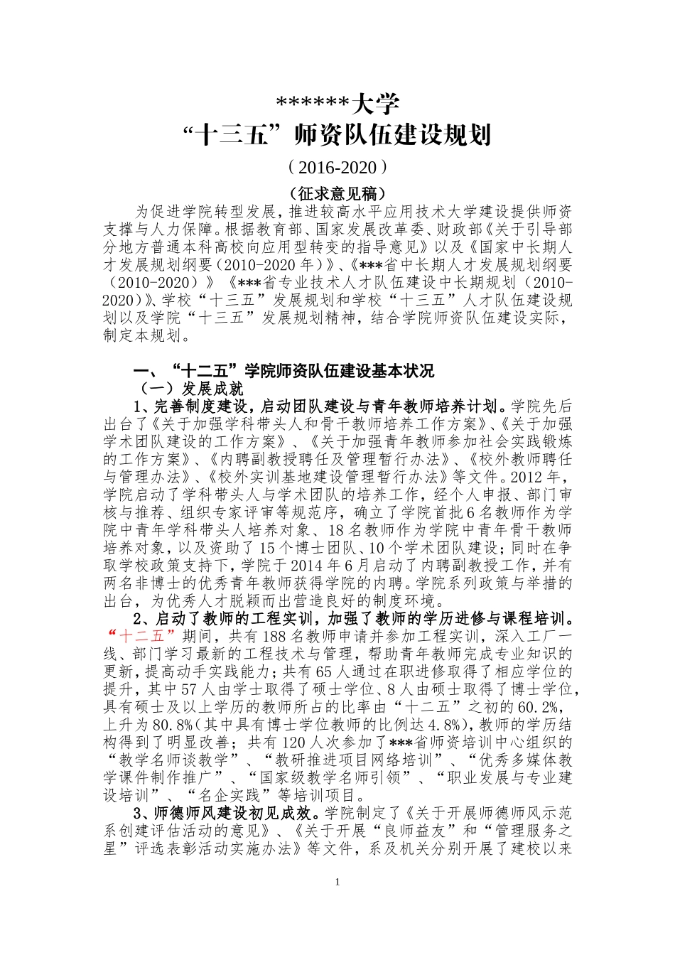 某大学十三五”师资队伍建设规划_第1页