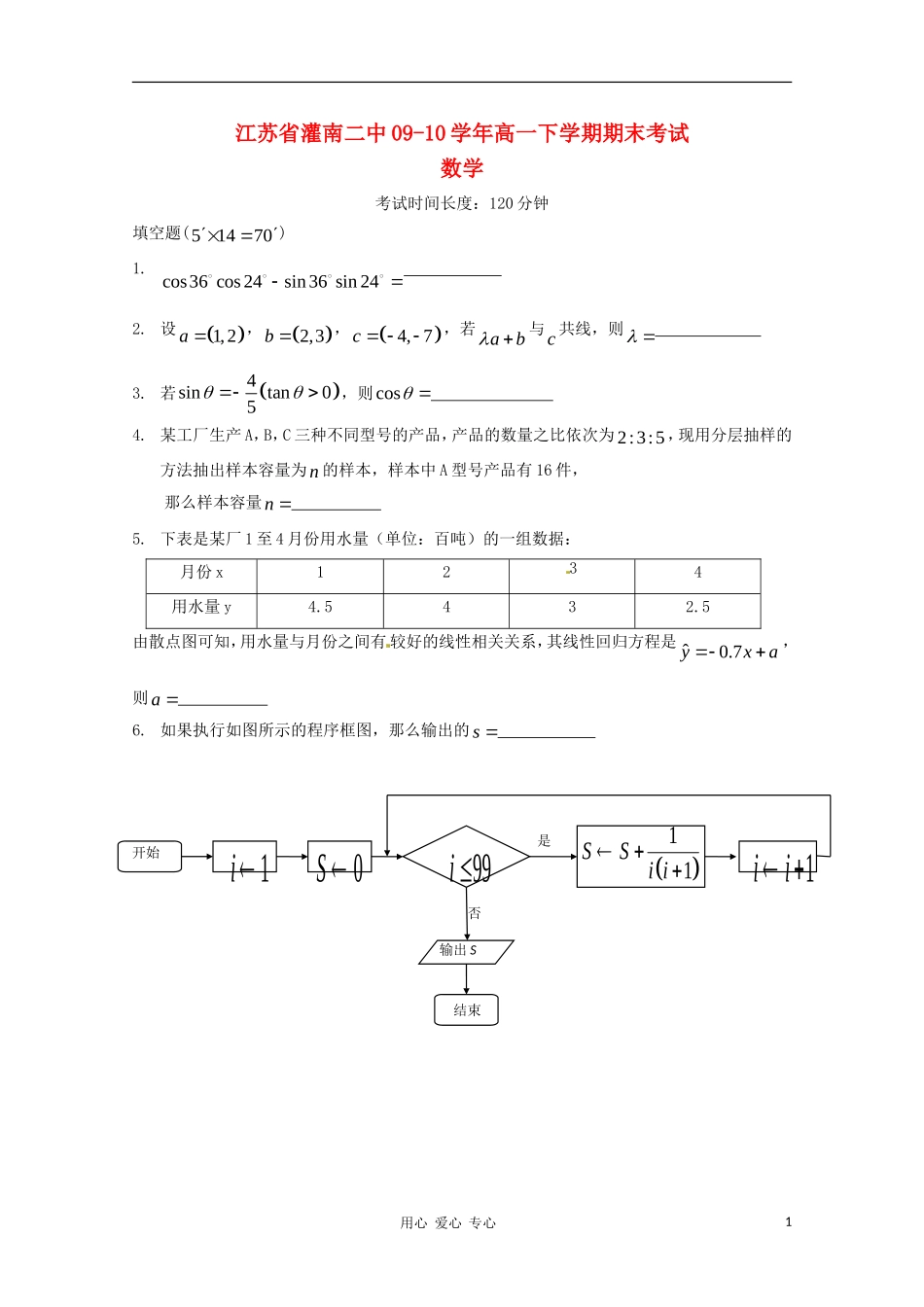 江苏省灌南二中09-10学年高一数学下学期期末考试 新人教A版【会员独享_第1页