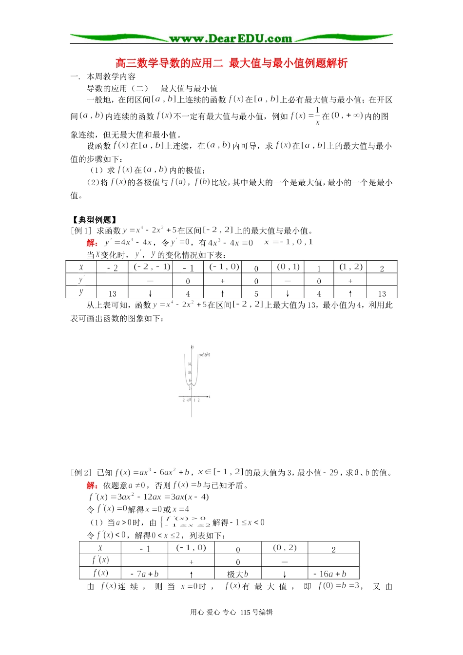人教版高三数学导数的应用二 最大值与最小值例题解析_第1页