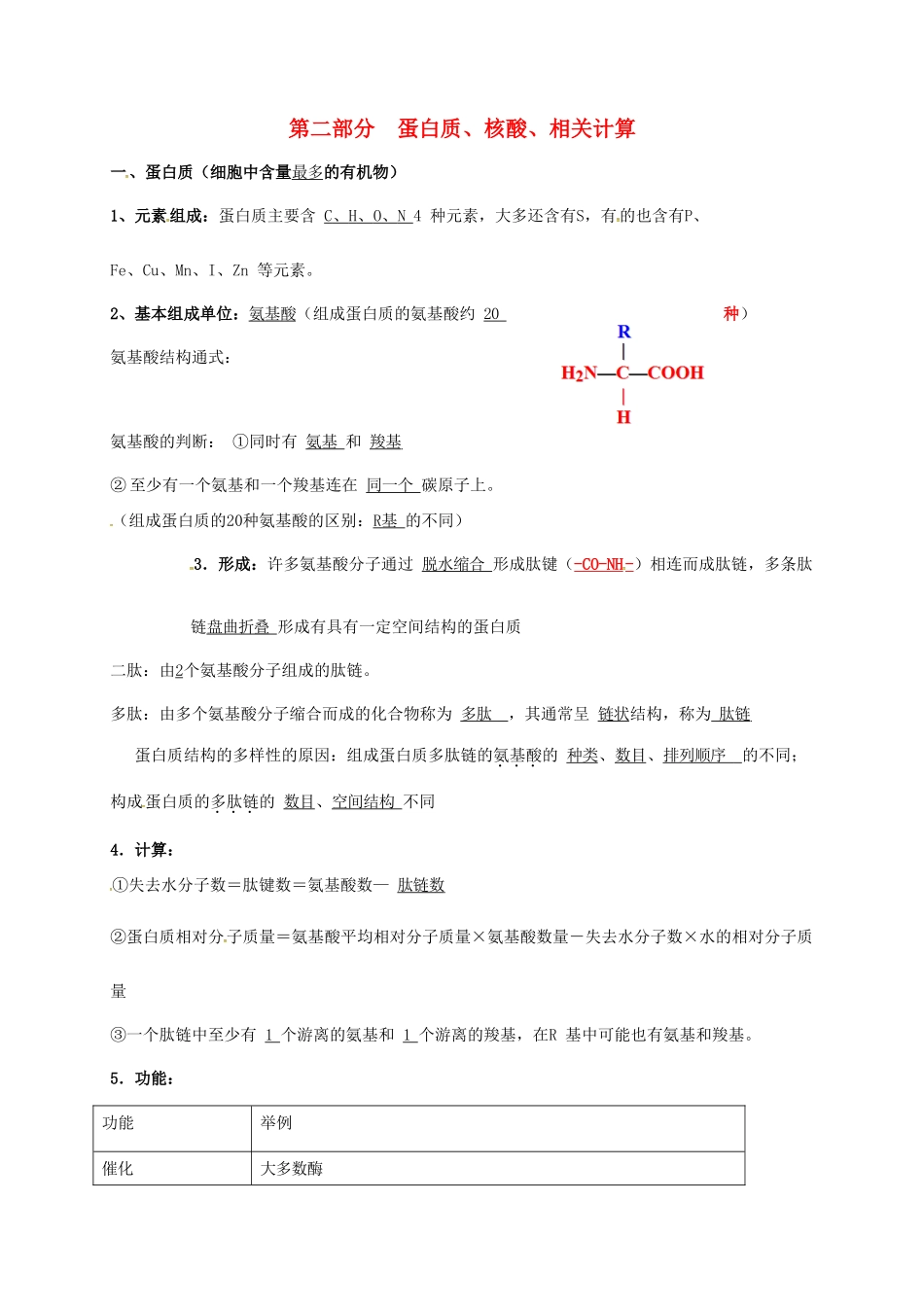 江苏省徐州市高考生物总复习 专题一 细胞的分子组成 第二部分 蛋白质、核酸、相关计算学案-人教版高三全册生物学案_第1页