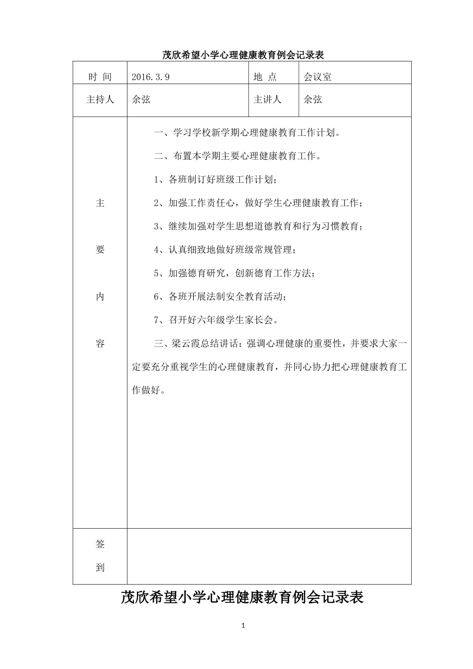 茂欣小学心理健康教育例会记录表_第1页